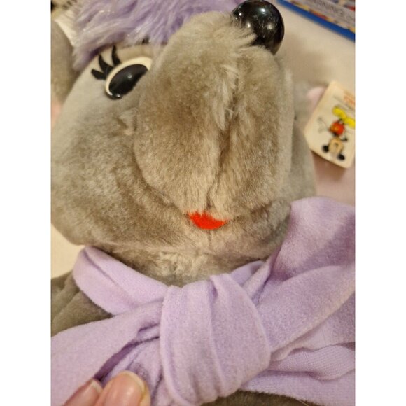 80s Disney Bianca Gray Plush Mouse Stuffed Purple Bow 16" Vintage Made in Korea - Picture 2 of 16